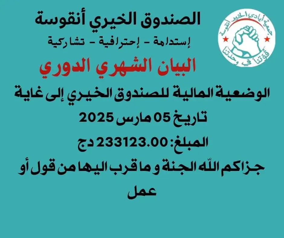 البيان الشهري الدوري: 233,123 دج في الصندوق
